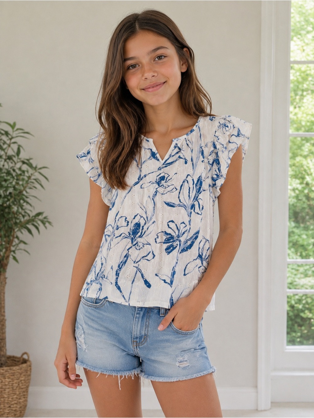 CURE White Blue Floral Eyelet Flutter Sleeve Blouse Girls Small Lightweight
